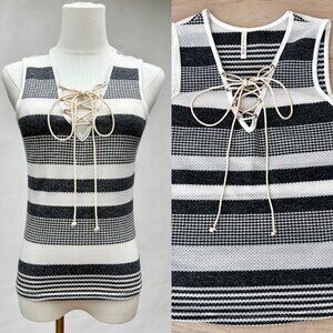 Lime N Chili Waffle Knit Sleeveless Grey & White Striped Lace-Up Top Size Small